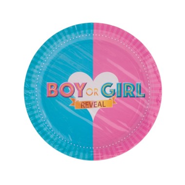 Papír tányér, BOY OR GIRL felirattal 8 db/csomag. Méret: átmérő 23 cm. 